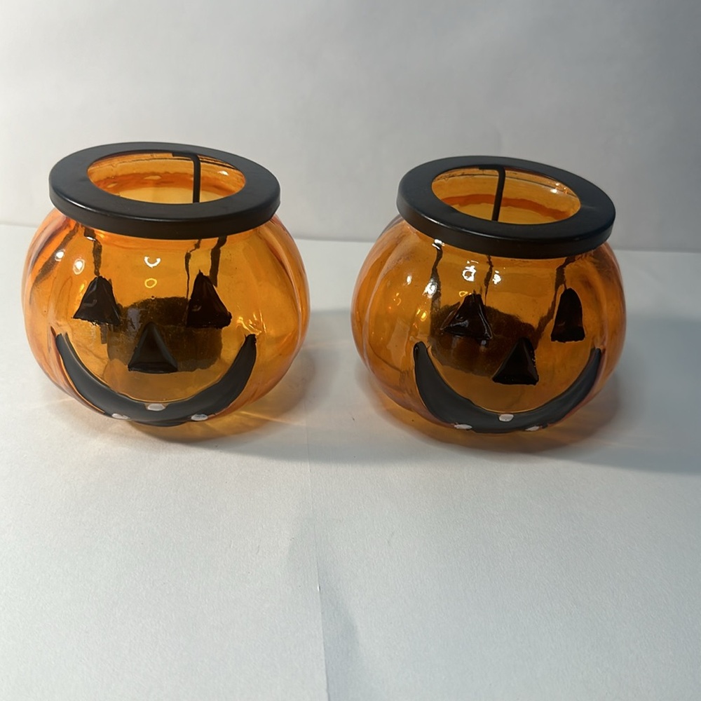 2pc Orange Glass Pumpkin Jack-O-Lantern Tea Light Candle Holders Halloween Decor